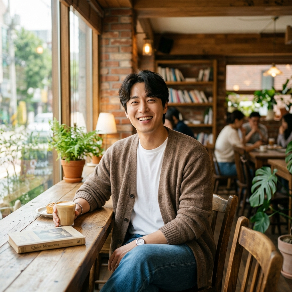 카페에서 브라운 카디건을 입은 남성